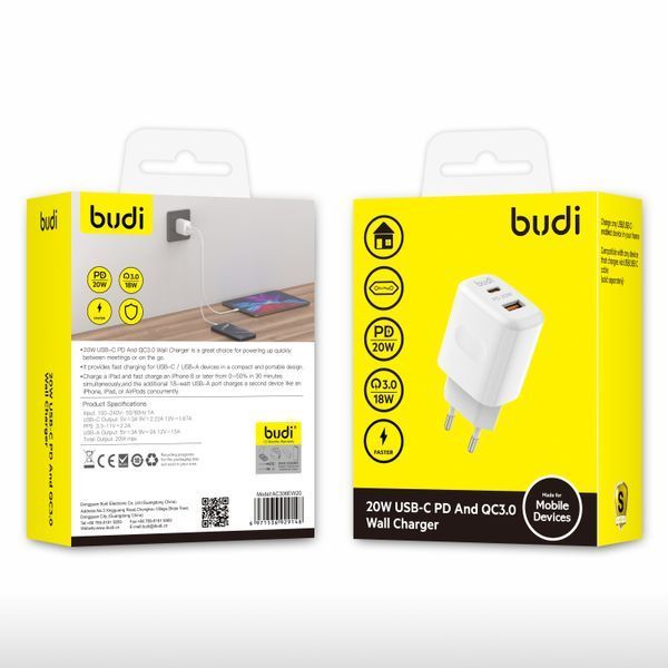 Блок питания Budi 20W с USB-C PD и USB-A QC 3.0 AC306EW фото