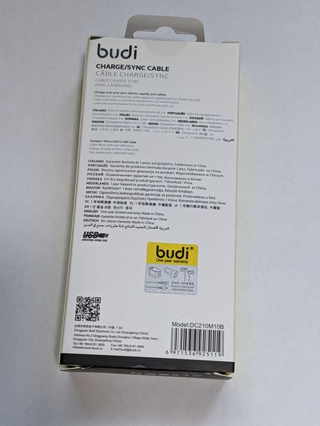 Кабель Budi Sync USB - micro USB Cable 1м 2.4A в оплітці DC210M10B DC210M10B фото