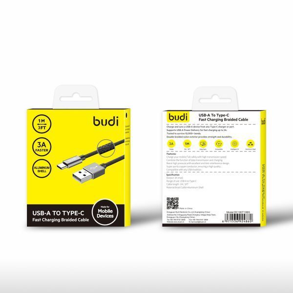 Кабель Budi Sync USB - Type-C Cable 1м 2,4 А в оплетке DC180T10BS DC180T10BS фото