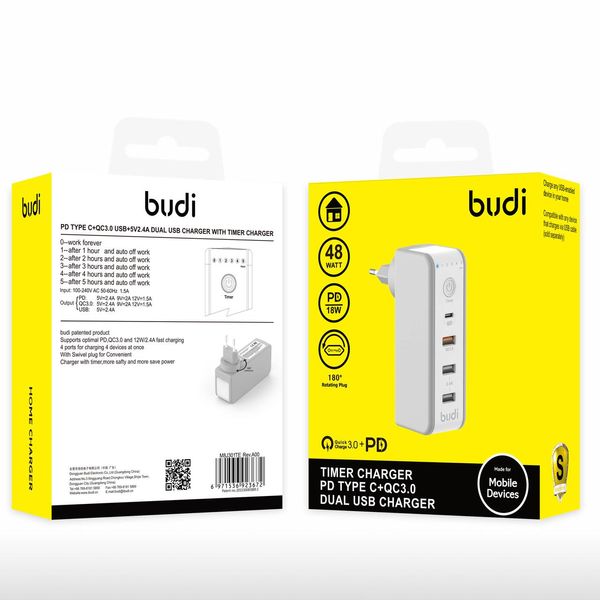 Зарядное устройство Budi (AC301TE) PD 18W+ Quick Charge 3.0 / 2USB 18W 2.4 A AC301TE фото